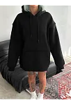 Kadın Kapüşonlu Kanguru Cepli 3 İplik Pamuklu Oversize Hoodie Sweatshirt - Siyah