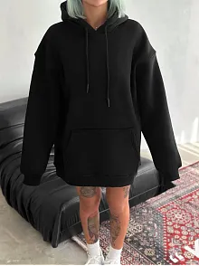 Kadın Kapüşonlu Kanguru Cepli 3 İplik Pamuklu Oversize Hoodie Sweatshirt - Siyah