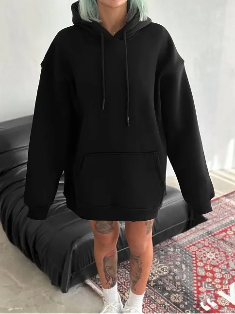 Kadın Kapüşonlu Kanguru Cepli 3 İplik Pamuklu Oversize Hoodie Sweatshirt - Siyah