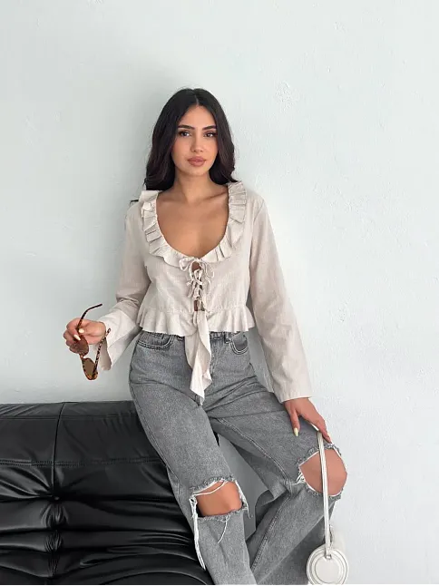 Keten Uzun Kol Bağacık Detaylı Bluz - Bej