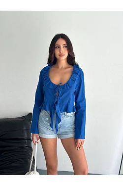 Keten Uzun Kol Bağacık Detaylı Bluz - Lacivert