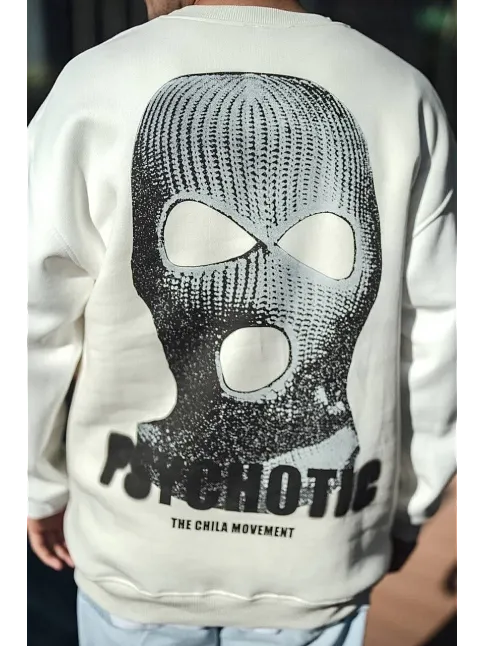 Erkek 3 İplik Pamuklu Kışlık Bisiklet Yaka Baskılı Sweatshirt - Beyaz