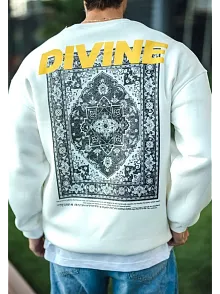 Erkek 3 İplik Pamuklu Kışlık Bisiklet Yaka Baskılı Sweatshirt - Beyaz