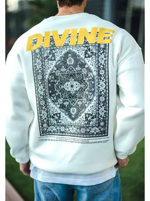 Erkek 3 İplik Pamuklu Kışlık Bisiklet Yaka Baskılı Sweatshirt - Beyaz
