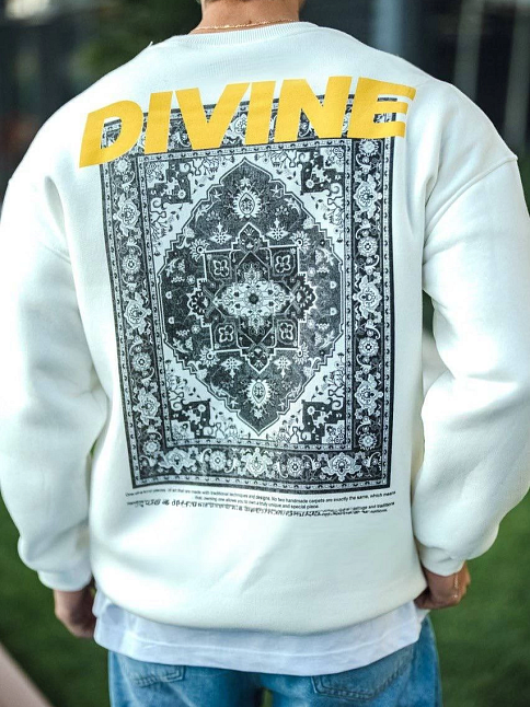 Erkek 3 İplik Pamuklu Kışlık Bisiklet Yaka Baskılı Sweatshirt - Beyaz