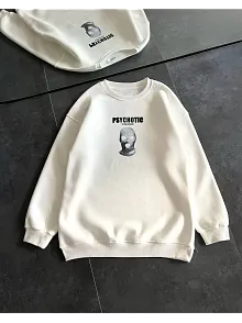 Kadın 3 İplik Kışlık Bisiklet Yaka Baskılı Sweatshirt - Beyaz
