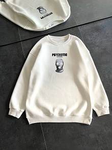 Kadın 3 İplik Kışlık Bisiklet Yaka Baskılı Sweatshirt - Beyaz