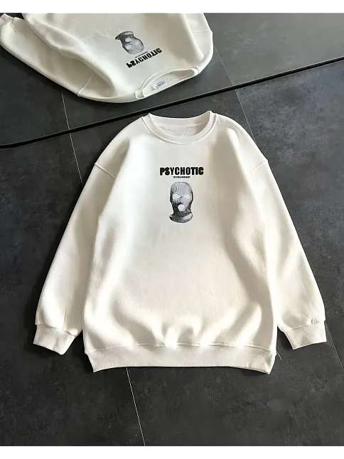 Kadın 3 İplik Kışlık Bisiklet Yaka Baskılı Sweatshirt - Beyaz