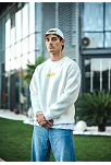 Erkek 3 İplik Pamuklu Kışlık Bisiklet Yaka Baskılı Sweatshirt - Beyaz