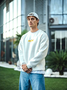 Erkek 3 İplik Pamuklu Kışlık Bisiklet Yaka Baskılı Sweatshirt - Beyaz