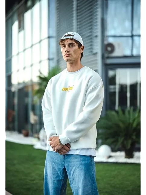 Erkek 3 İplik Pamuklu Kışlık Bisiklet Yaka Baskılı Sweatshirt - Beyaz