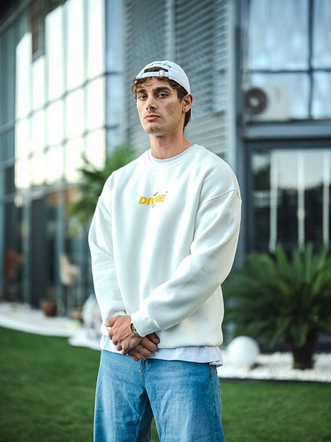 Erkek 3 İplik Pamuklu Kışlık Bisiklet Yaka Baskılı Sweatshirt - Beyaz