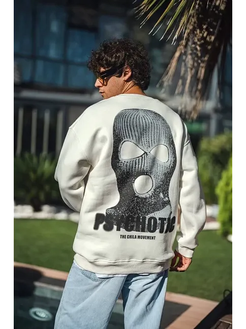 Erkek 3 İplik Pamuklu Kışlık Bisiklet Yaka Baskılı Sweatshirt - Beyaz