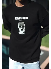 Erkek 3 İplik Pamuklu Kışlık Bisiklet Yaka Baskılı Sweatshirt - Siyah
