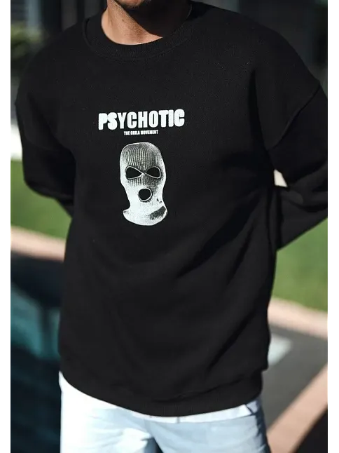Erkek 3 İplik Pamuklu Kışlık Bisiklet Yaka Baskılı Sweatshirt - Siyah