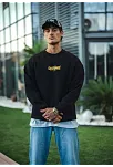 Erkek 3 İplik Pamuklu Kışlık Bisiklet Yaka Baskılı Sweatshirt - Siyah