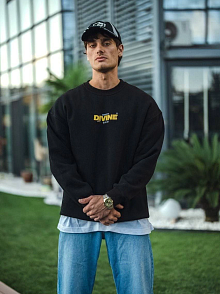 Erkek 3 İplik Pamuklu Kışlık Bisiklet Yaka Baskılı Sweatshirt - Siyah