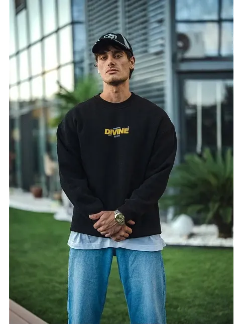 Erkek 3 İplik Pamuklu Kışlık Bisiklet Yaka Baskılı Sweatshirt - Siyah