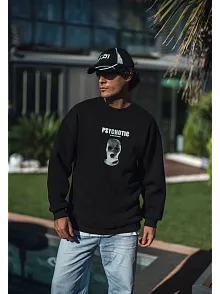 Erkek 3 İplik Pamuklu Kışlık Bisiklet Yaka Baskılı Sweatshirt - Siyah