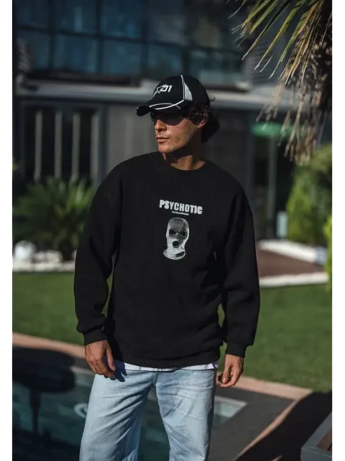 Erkek 3 İplik Pamuklu Kışlık Bisiklet Yaka Baskılı Sweatshirt - Siyah