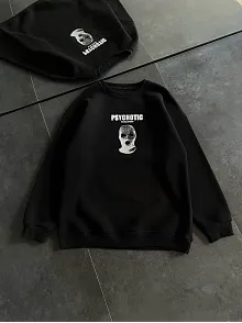 Kadın 3 İplik Kışlık Bisiklet Yaka Baskılı Sweatshirt - Siyah