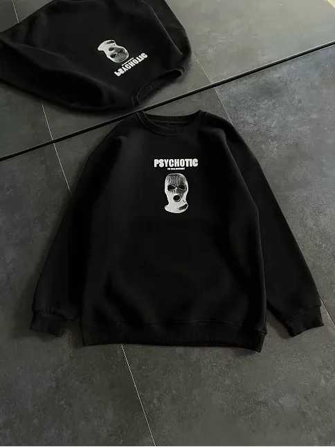 Kadın 3 İplik Kışlık Bisiklet Yaka Baskılı Sweatshirt - Siyah
