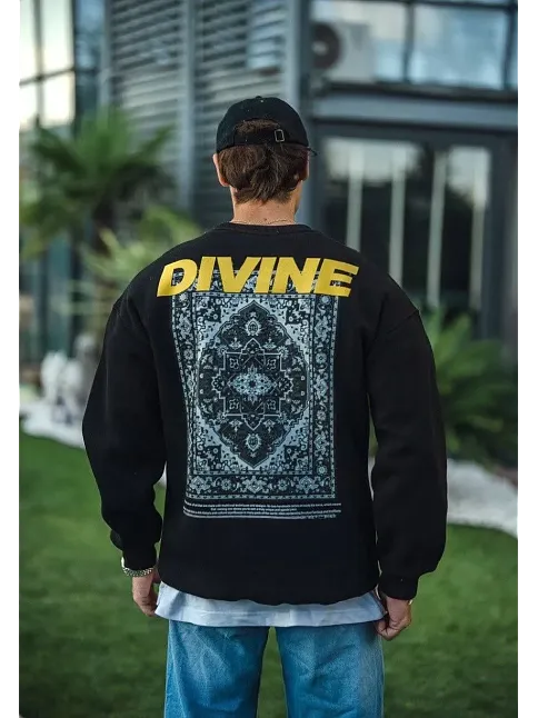 Erkek 3 İplik Pamuklu Kışlık Bisiklet Yaka Baskılı Sweatshirt - Siyah
