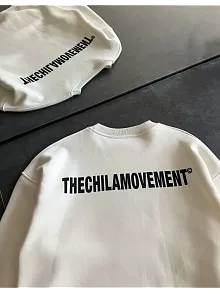 Erkek 3 İplik Pamuklu Kışlık Bisiklet Yaka Oversize Baskılı Sweatshirt - Beyaz