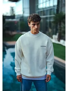 Erkek 3 İplik Pamuklu Bisiklet Yaka Baskılı Sweatshirt - Beyaz