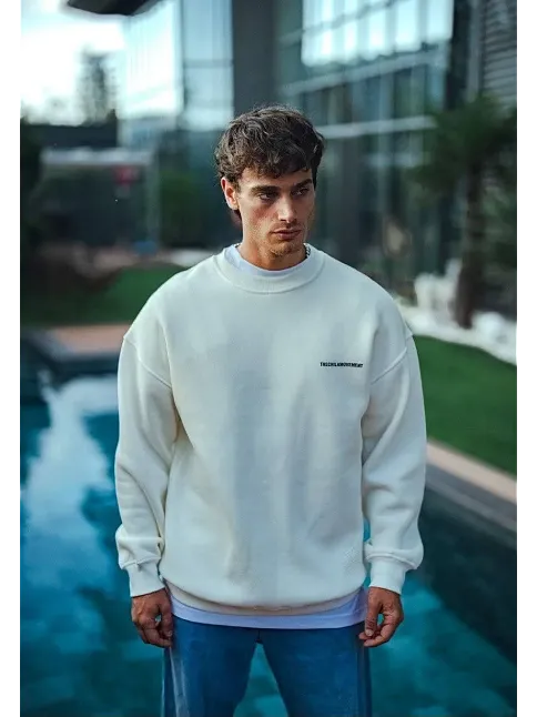Erkek 3 İplik Pamuklu Bisiklet Yaka Baskılı Sweatshirt - Beyaz