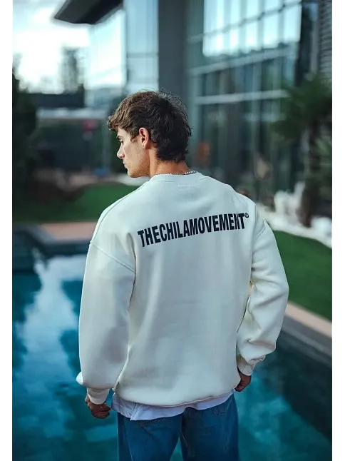 Erkek 3 İplik Pamuklu Bisiklet Yaka Baskılı Sweatshirt - Beyaz