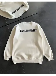 Erkek 3 İplik Pamuklu Kışlık Bisiklet Yaka Oversize Baskılı Sweatshirt - Beyaz