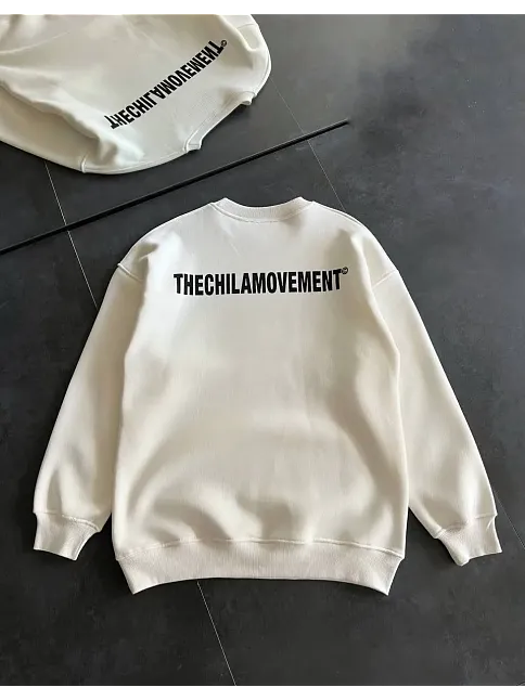 Erkek 3 İplik Pamuklu Kışlık Bisiklet Yaka Oversize Baskılı Sweatshirt - Beyaz