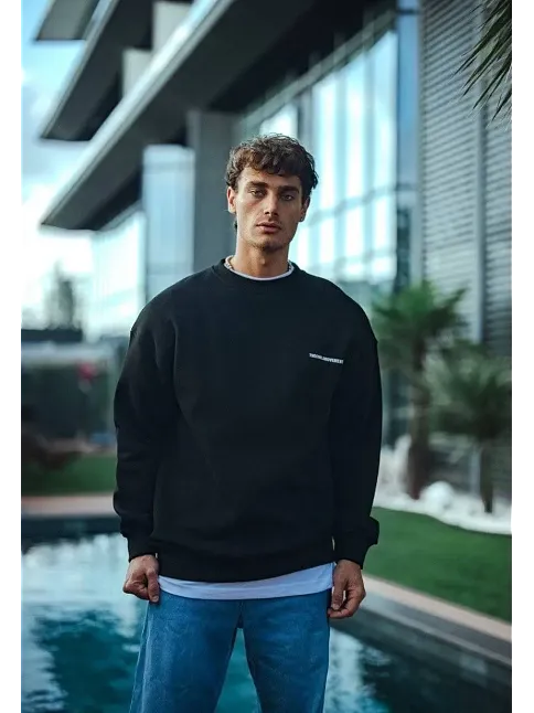 Erkek 3 İplik Pamuklu Bisiklet Yaka Oversize Baskılı Sweatshirt - Siyah