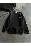 Kadın 3 İplik Kışlık Pamuklu Bisiklet Yaka Oversize Baskılı Sweatshirt - Siyah