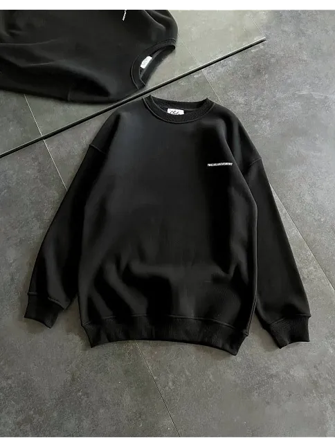 Kadın 3 İplik Kışlık Pamuklu Bisiklet Yaka Oversize Baskılı Sweatshirt - Siyah