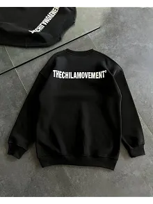 Kadın 3 İplik Kışlık Pamuklu Bisiklet Yaka Oversize Baskılı Sweatshirt - Siyah