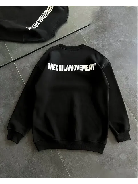 Kadın 3 İplik Kışlık Pamuklu Bisiklet Yaka Oversize Baskılı Sweatshirt - Siyah