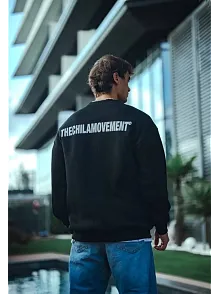Erkek 3 İplik Pamuklu Bisiklet Yaka Oversize Baskılı Sweatshirt - Siyah