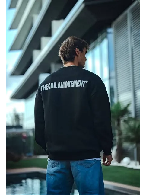 Erkek 3 İplik Pamuklu Bisiklet Yaka Oversize Baskılı Sweatshirt - Siyah