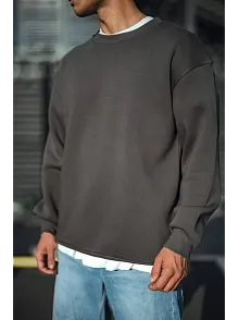 Erkek Bisiklet Yaka 3 İplik Pamuklu Basic Sweatshirt  - Antrasit