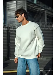 Erkek  Bisiklet Yaka 3 İplik Pamuklu Basic Sweatshirt - Beyaz