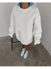 Kadın Bisiklet Yaka 3 İplik Pamuklu Basic Sweatshirt - Beyaz
