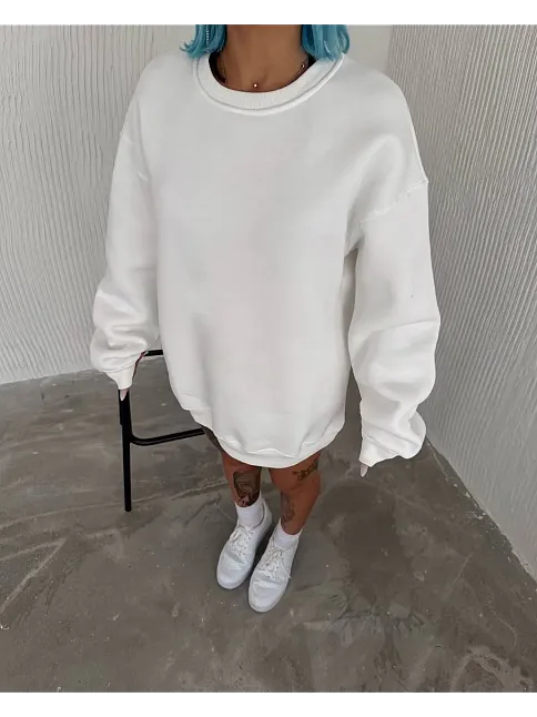 Kadın Bisiklet Yaka 3 İplik Pamuklu Basic Sweatshirt - Beyaz