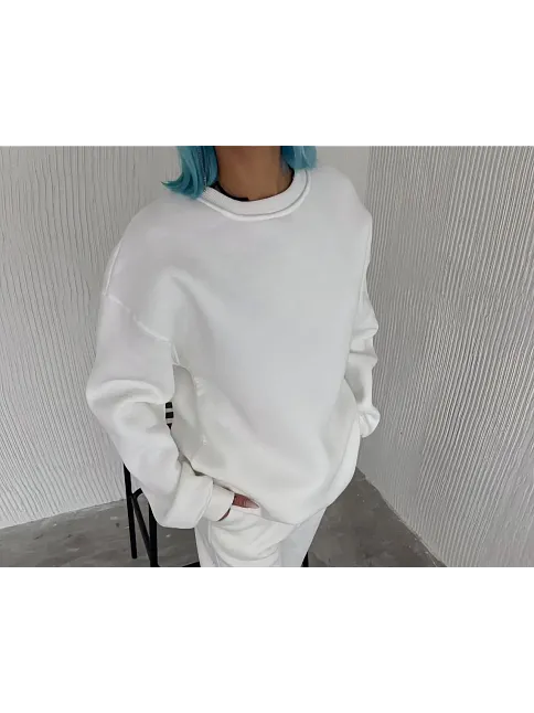 Kadın Bisiklet Yaka 3 İplik Pamuklu Basic Sweatshirt - Beyaz