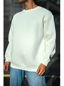 Erkek  Bisiklet Yaka 3 İplik Pamuklu Basic Sweatshirt - Beyaz