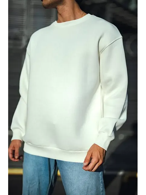 Erkek  Bisiklet Yaka 3 İplik Pamuklu Basic Sweatshirt - Beyaz