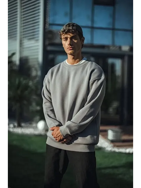 Erkek Bisiklet Yaka 3 İplik Pamuklu Basic Sweatshirt - Boyalı Gri