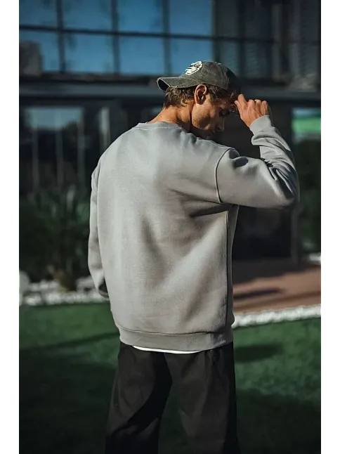 Erkek Bisiklet Yaka 3 İplik Pamuklu Basic Sweatshirt - Boyalı Gri