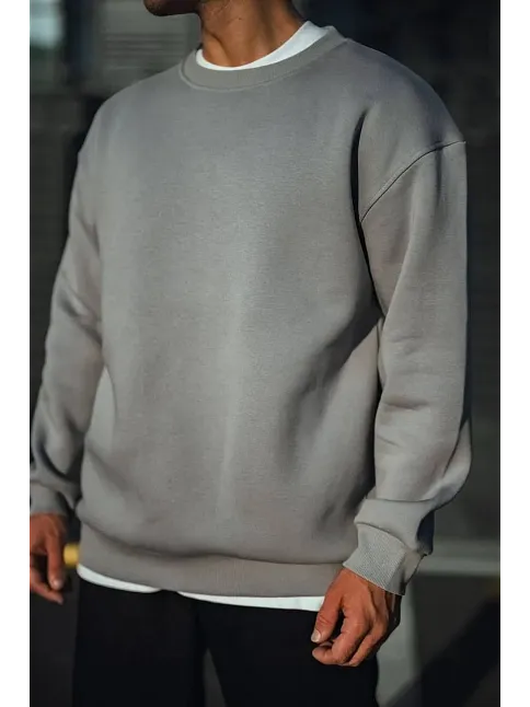 Erkek Bisiklet Yaka 3 İplik Pamuklu Basic Sweatshirt - Boyalı Gri